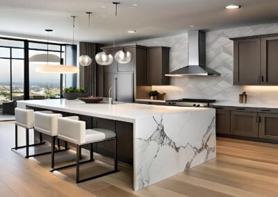 Modern Kitchen with wood doors and Marble counter