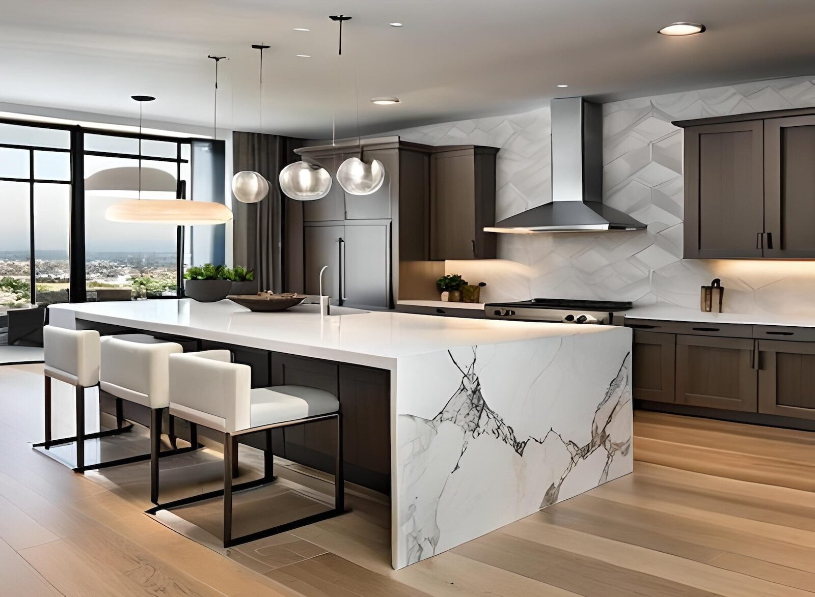 Modern Kitchen with wood doors and Marble counter